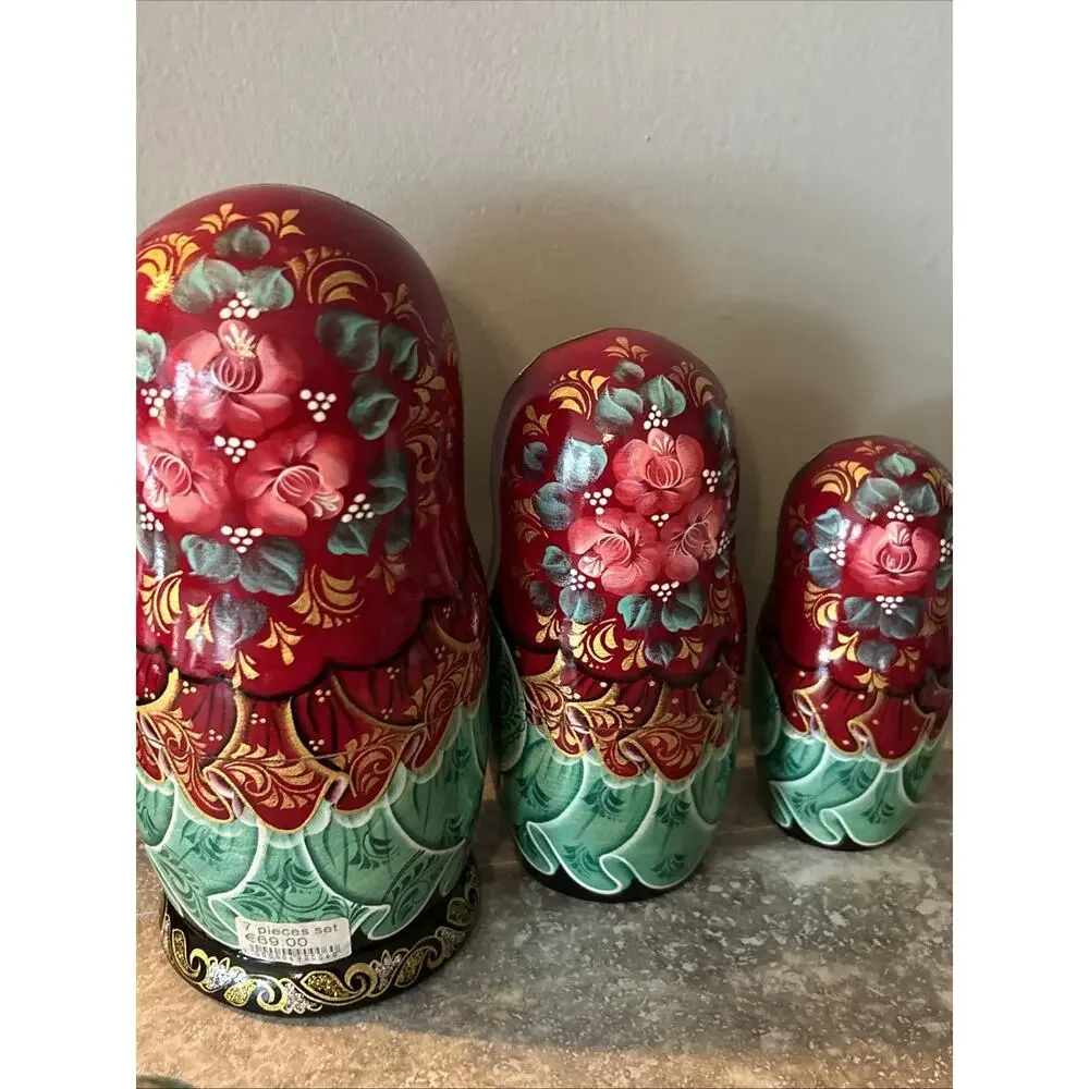 VTG Hand Made Russian Matryoshka Nesting Doll 7 Pc 9” Fairytale Gold Gilt Roses